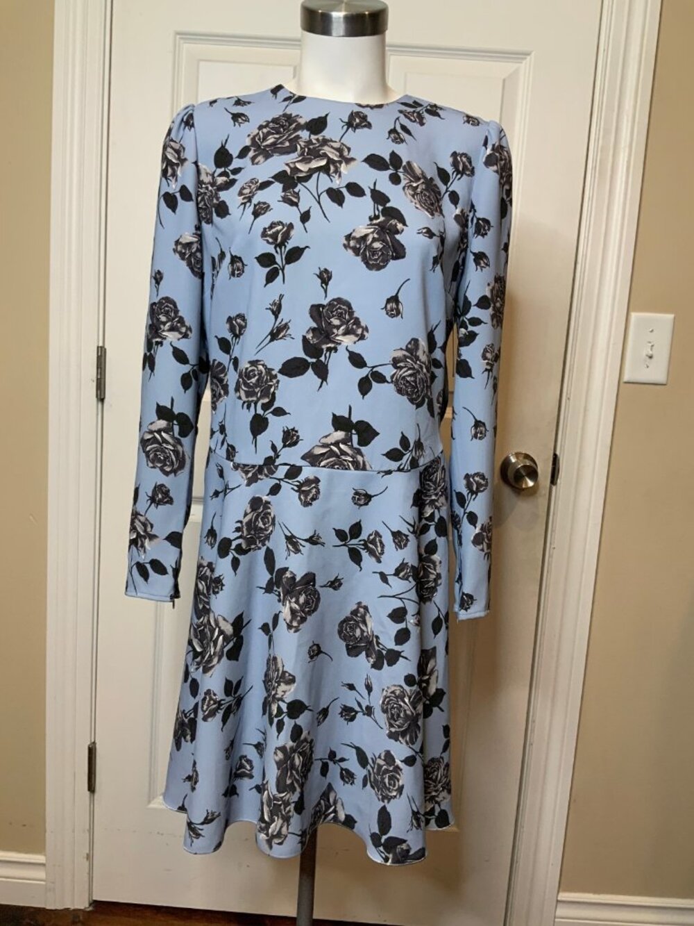 Red Valentino Blue W/ Black Rose Floral Puff Long Sleeve A Line Dress, Size S